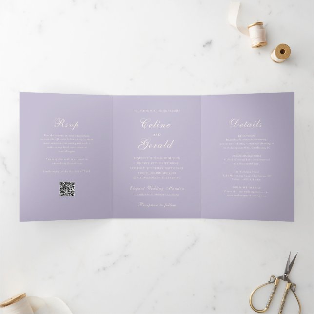 Invitation Trois Volets Classique Lilac QR Code Mariage élégant (Intérieur)