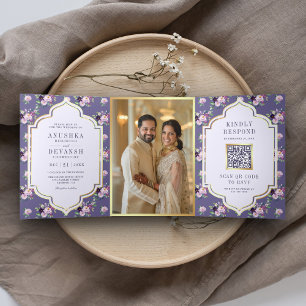 Invitation Trois Volets Code QR à motif floral Pervenche pour mariage indi