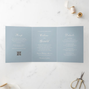 Invitation Trois Volets Code QR bleu classique élégant de mariage