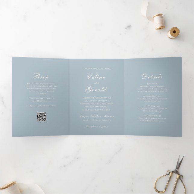 Invitation Trois Volets Code QR bleu classique élégant de mariage (Intérieur)