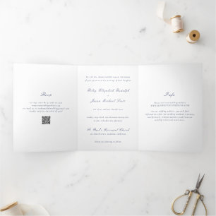 Invitation Trois Volets Code QR Bleu Marine Élégant Mariage Propre