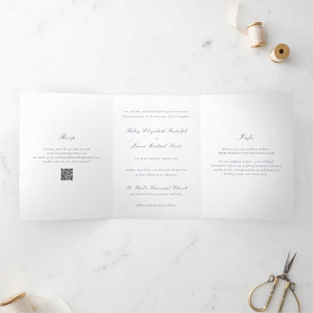 Invitation Trois Volets Code QR Bleu Marine Élégant Mariage Propre (Intérieur)