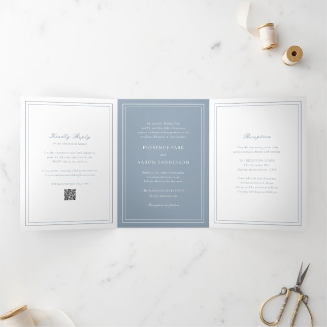 Invitation Trois Volets Code QR Bleu Poussiéreux Traditionnel Mariage Inte (Intérieur)