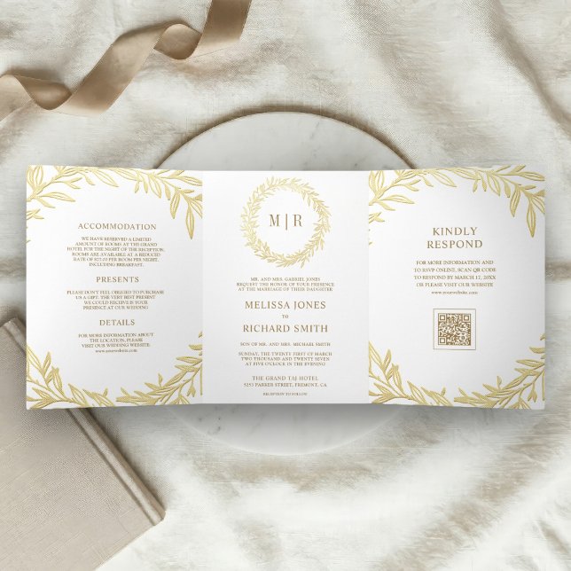 Invitation Trois Volets Code QR Branche Feuille d'Or Blanc Mariage (Créateur téléchargé)
