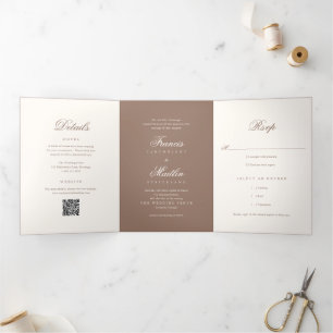 Invitation Trois Volets Code QR Brun Romantique Élégant Mariage