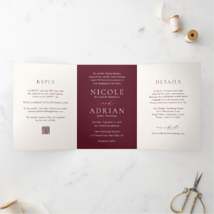 Invitation Trois Volets Code QR Burgundy Classique Élégant Mariage