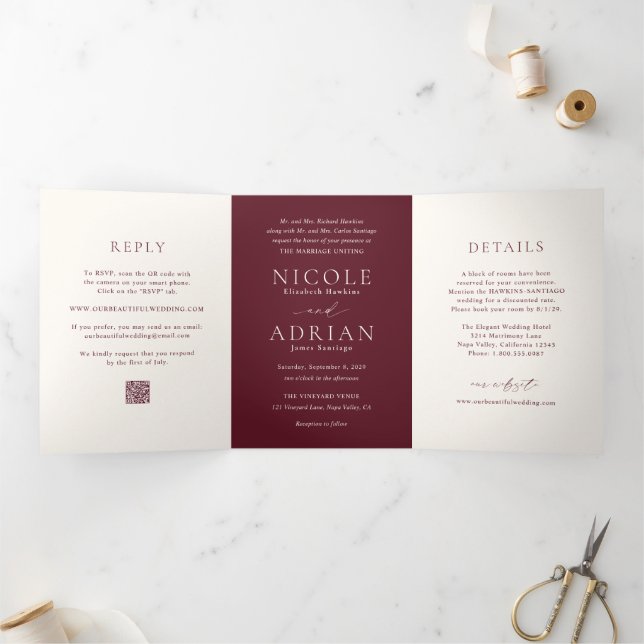 Invitation Trois Volets Code QR Burgundy Classique Élégant Mariage (Intérieur)