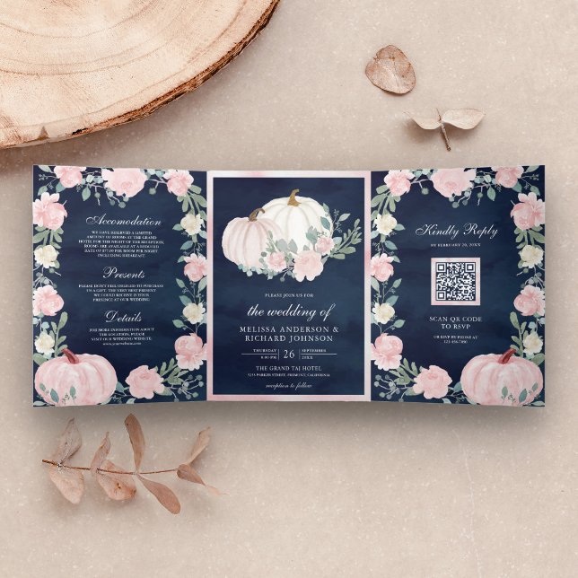 Invitation Trois Volets Code QR Citrouille Florale Rose Fardée Mariage Ble (Créateur téléchargé)