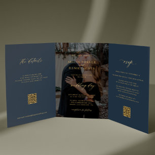 Invitation Trois Volets Code QR de détails de RSVP de photo de mariage ble