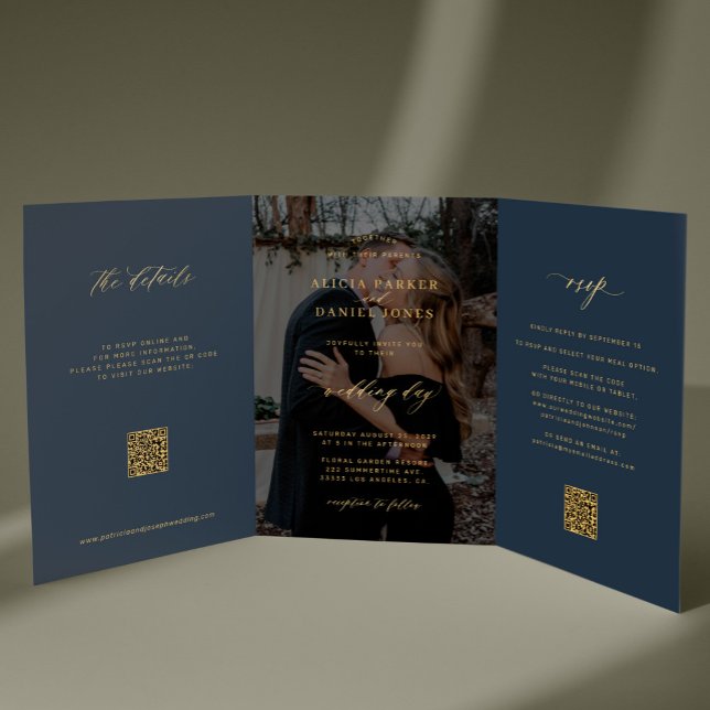 Invitation Trois Volets Code QR de détails de RSVP de photo de mariage ble (Créateur téléchargé)