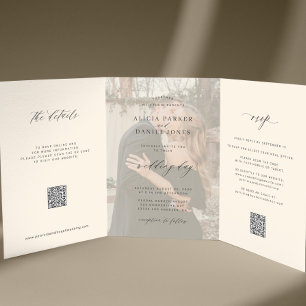 Invitation Trois Volets Code QR de détails de RSVP de photo d'ivoire noir