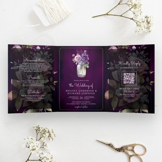 Invitation Trois Volets Code QR de jar Mason floral violet foncé pour mari (Créateur téléchargé)