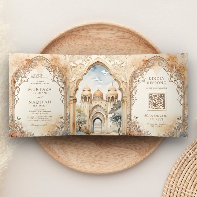 Invitation Trois Volets Code QR de l'arche du palais arabe ancien Mariage  (Créateur téléchargé)