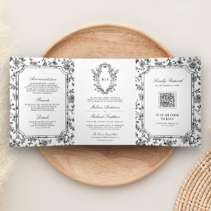 Invitation Trois Volets Code QR de mariage à armoiries en chinoiserie noir