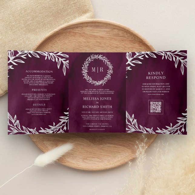 Invitation Trois Volets Code QR de mariage à branche de feuille d'argent d (Créateur téléchargé)