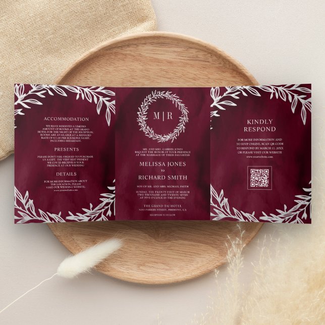 Invitation Trois Volets Code QR de mariage à branche de feuille d'argent d (Créateur téléchargé)