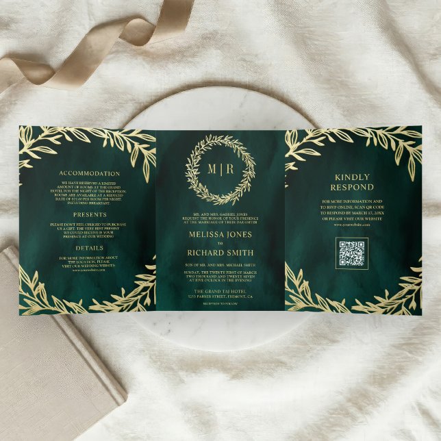 Invitation Trois Volets Code QR de mariage à branche de feuille d'or vert  (Créateur téléchargé)