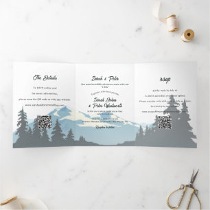 Invitation Trois Volets Code QR de mariage à la montagne rustique et forêt