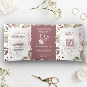 Invitation Trois Volets Code QR de mariage à l'ampersand floral rose pouss