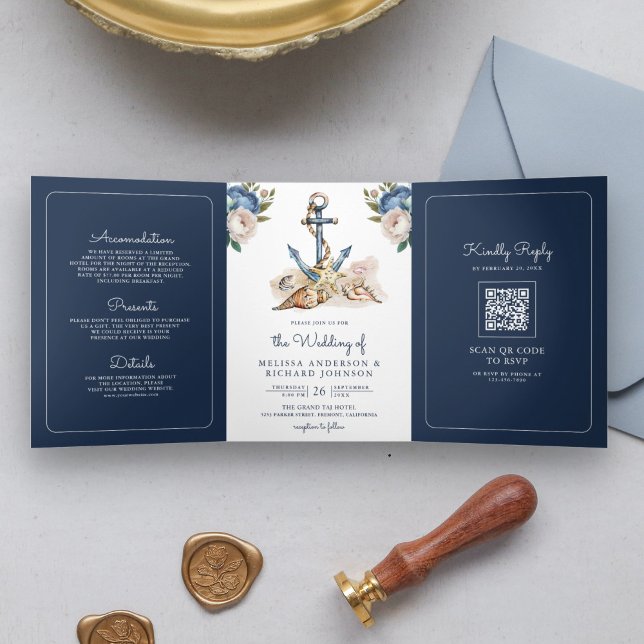 Invitation Trois Volets Code QR de mariage à l'encre bleue marine à motif  (Créateur téléchargé)