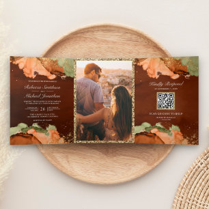 Invitation Trois Volets Code QR de mariage abstrait à l'encre de sauge ora