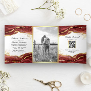 Invitation Trois Volets Code QR de mariage abstrait encre dorée Bourgogne
