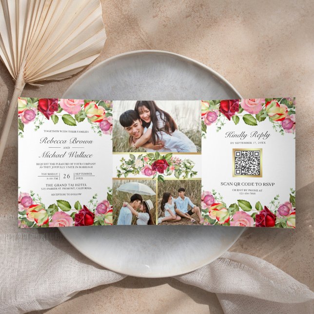 Invitation Trois Volets Code QR de mariage aux roses roses et rouges roman (Créateur téléchargé)