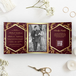 Invitation Trois Volets Code QR de mariage avec motif tourbillonnant or de