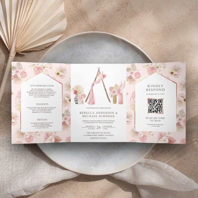 Invitation Trois Volets Code QR de mariage bohème floral rose poussiéreux  (Créateur téléchargé)