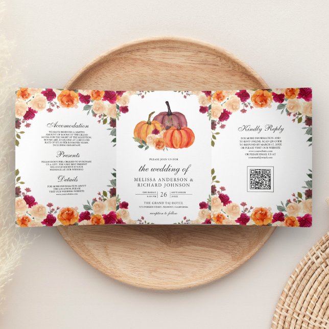 Invitation Trois Volets Code QR de mariage Citrouille Orange Brûlée (Créateur téléchargé)