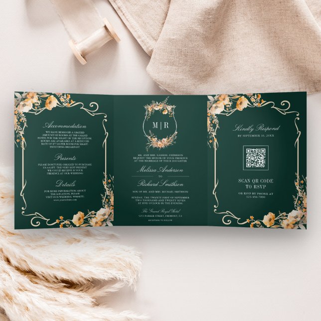 Invitation Trois Volets Code QR de mariage Crête de fleur sauvage d'automn (Créateur téléchargé)