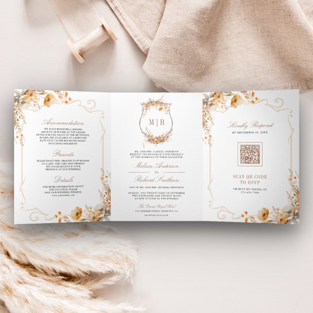 Invitation Trois Volets Code QR de mariage Crête de fleur sauvage d'automn (Créateur téléchargé)