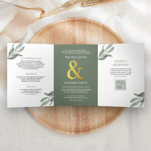 Invitation Trois Volets Code QR de mariage de branche de feuilles d'olive  (Créateur téléchargé)