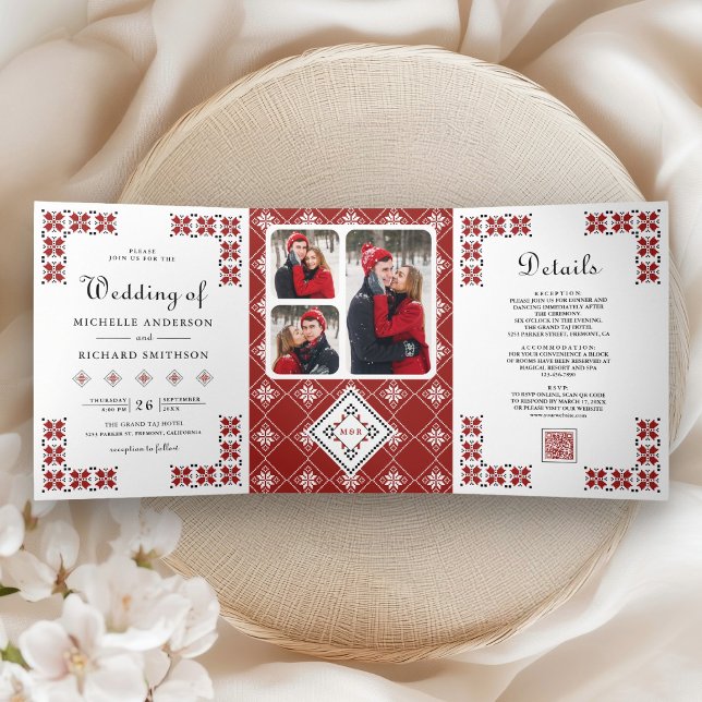 Invitation Trois Volets Code QR de mariage de broderie ukrainienne rouge e (Créateur téléchargé)