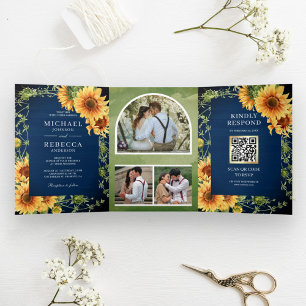 Invitation Trois Volets Code QR de mariage de photos de tournesols en bois