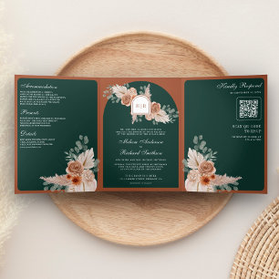 Invitation Trois Volets Code QR de mariage émeraude Pampas floral terracot