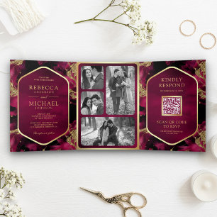 Invitation Trois Volets Code QR de mariage en encre fluide abstraite or fu