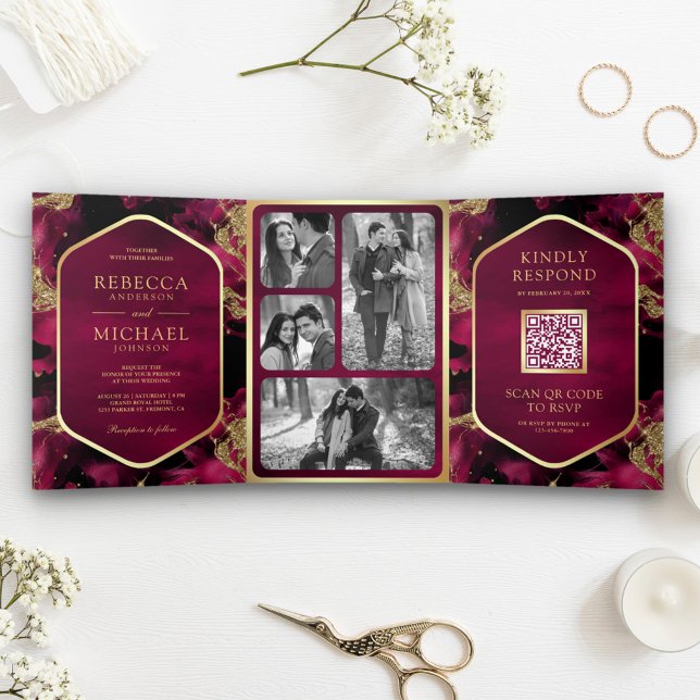 Invitation Trois Volets Code QR de mariage en encre fluide abstraite or fu (Créateur téléchargé)