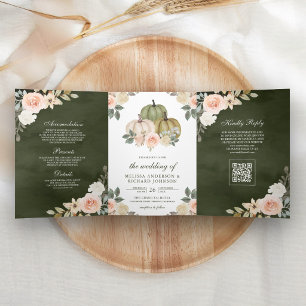 Invitation Trois Volets Code QR de mariage floral pêche citrouille vert ol