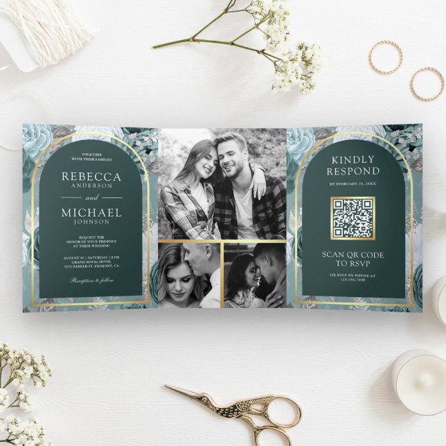 Invitation Trois Volets Code QR de mariage floral sarcelle foncé et écume  (Créateur téléchargé)