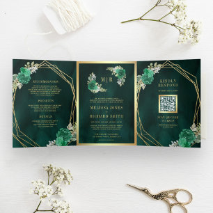 Invitation Trois Volets Code QR de mariage floral vert émeraude géométriqu