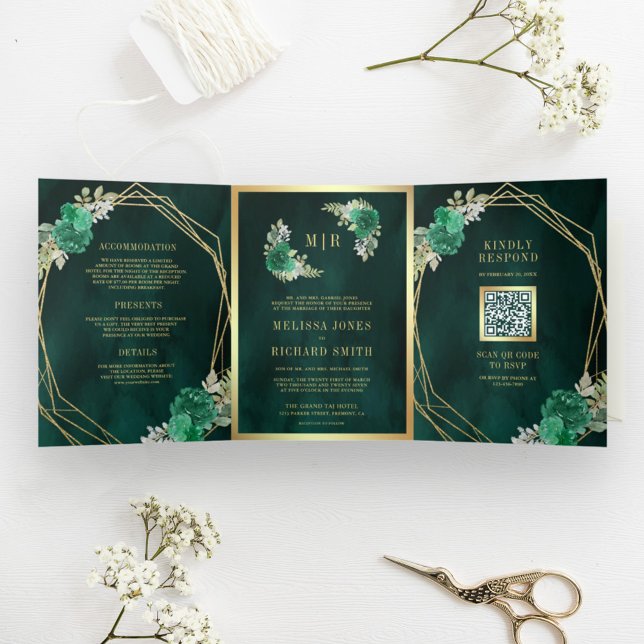 Invitation Trois Volets Code QR de mariage floral vert émeraude géométriqu (Créateur téléchargé)