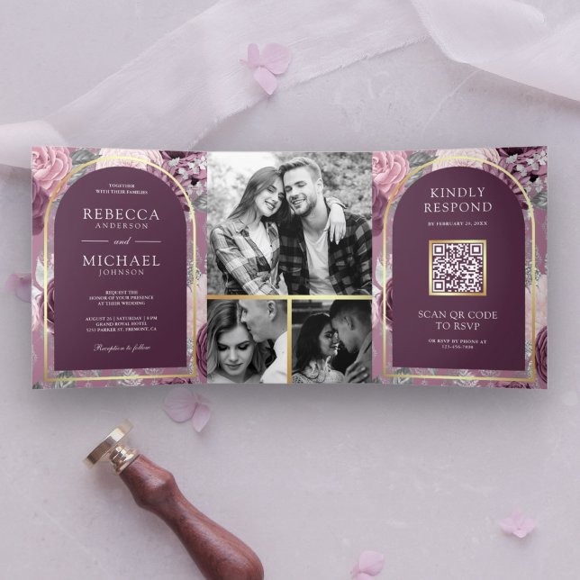 Invitation Trois Volets Code QR de mariage floral violet mauve poussiéreux (Créateur téléchargé)