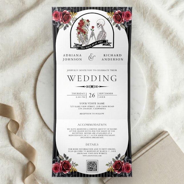 Invitation Trois Volets Code QR de mariage gothique couple de squelettes a (Créateur téléchargé)