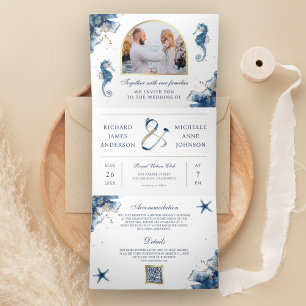 Invitation Trois Volets Code QR de mariage Licorne Aquarelle Bleue Nautiqu
