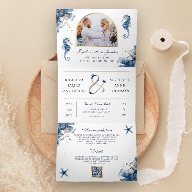 Invitation Trois Volets Code QR de mariage Licorne Aquarelle Bleue Nautiqu (Créateur téléchargé)