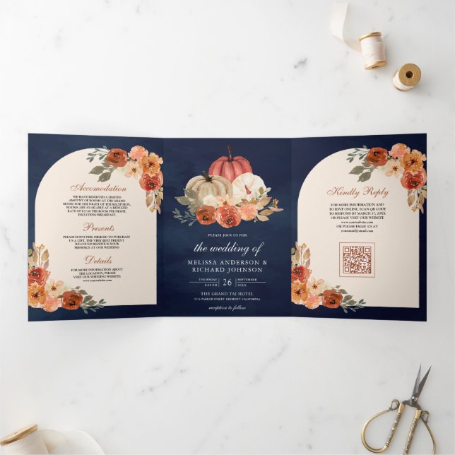 Invitation Trois Volets Code QR de mariage Navy Fleur Orange Brûlée Citrou (Intérieur)