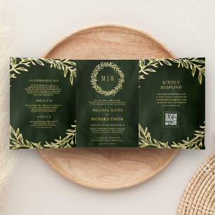 Invitation Trois Volets Code QR de mariage Olive Green Gold Leaf Branch