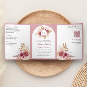 Invitation Trois Volets Code QR de mariage Pampas Floral Rose Grenade