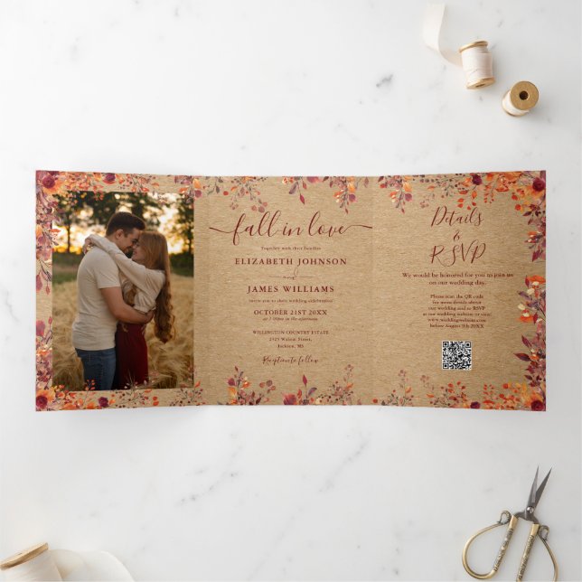 Invitation Trois Volets Code QR de mariage photo 2 automne rustique Tomber (Intérieur)